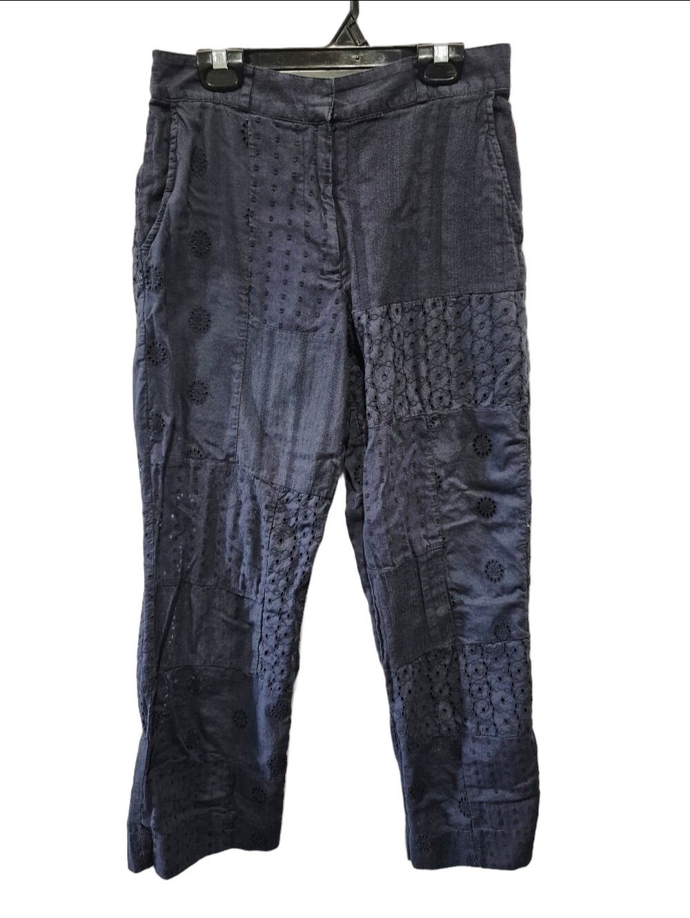 Zara Patchwork Eyelet Embroidered Cotton Trousers Pants Navy Blue Size XS